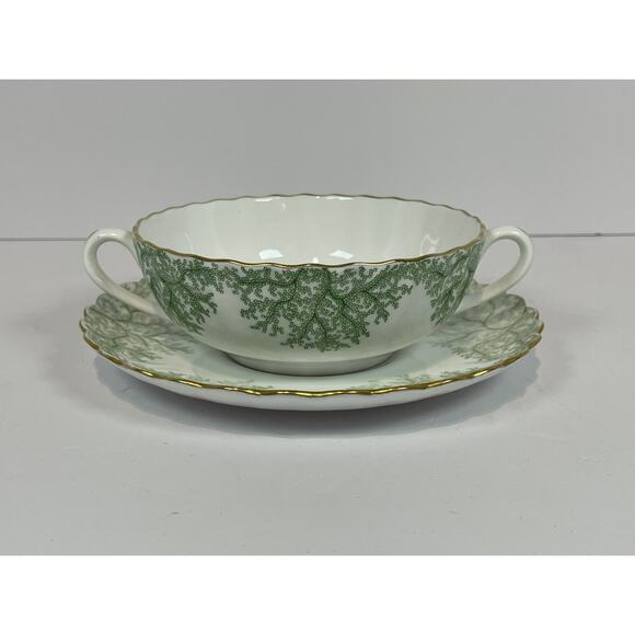 Spode Green Coral Cream Soup Bowl & Saucer Set Gold Trim EUC Rare Vintage - Picture 4 of 12